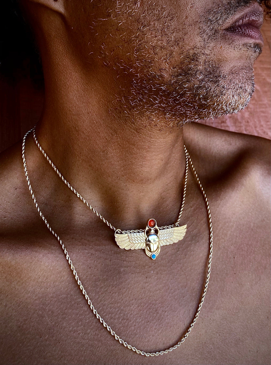 Sunrise over the Nile: Winged Scarab – Egyptian 18K Gold Filled Necklace with Carnelian Turquoise Gemstone