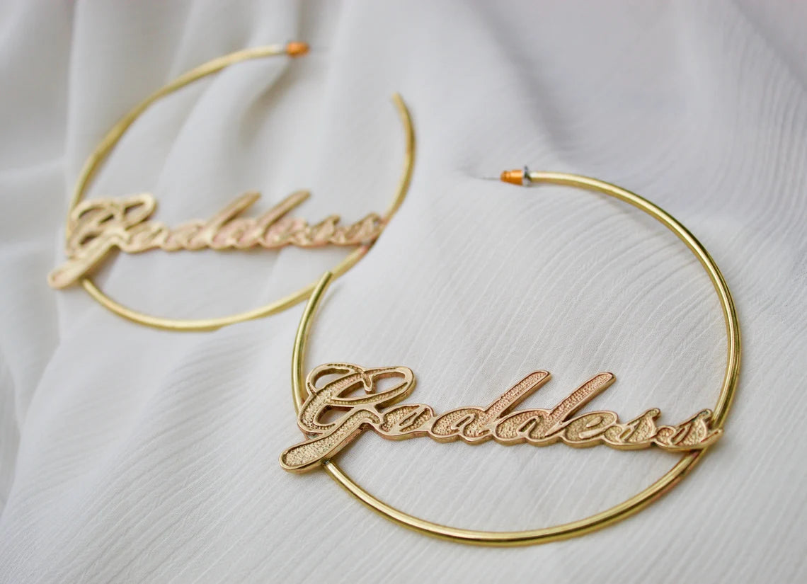 Goddess Athena: Majestic Statement Word Hoop Earrings
